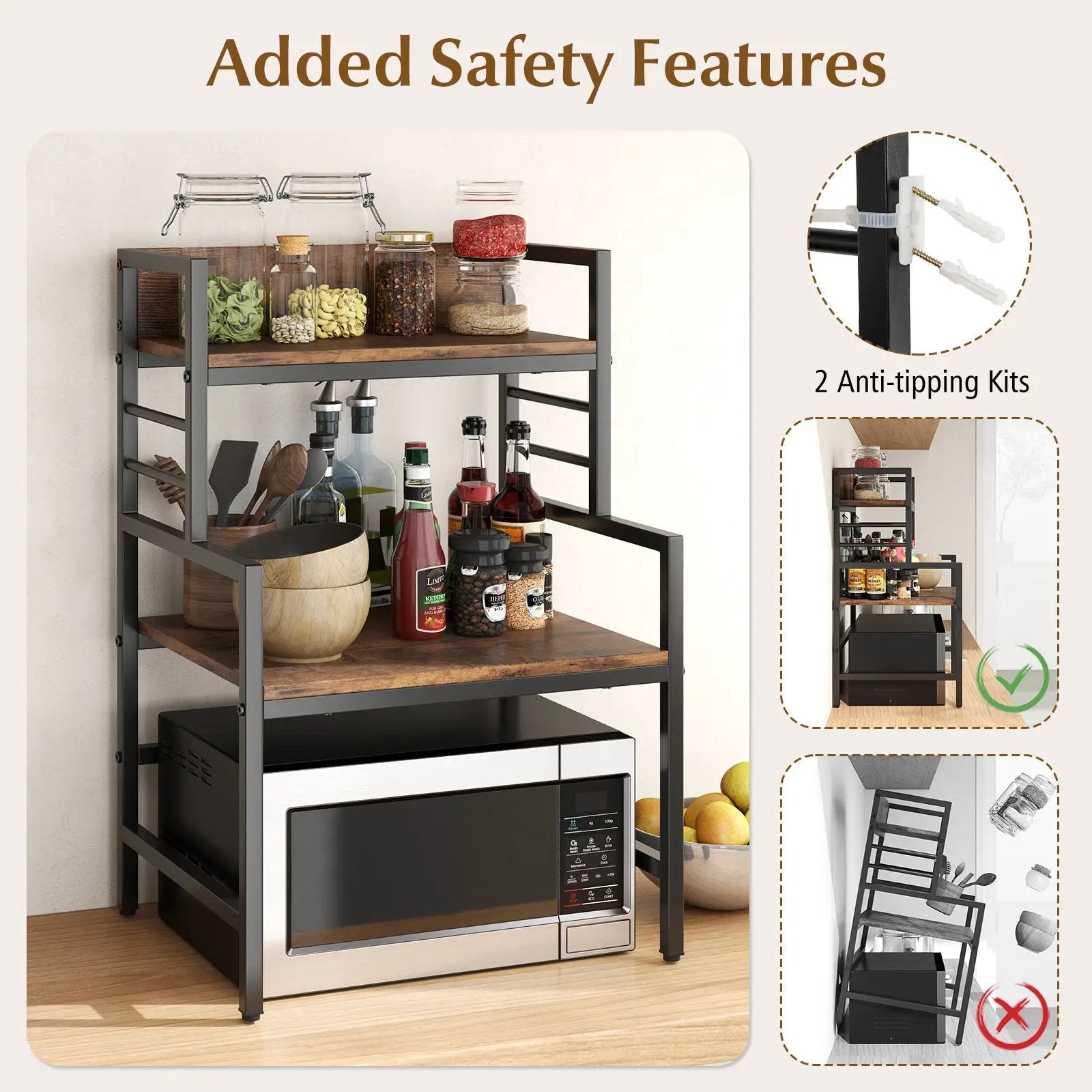 3-Tier Microwave Stand with 2 Open Shelves and Heavy-duty Metal Frame-Rustic Brown by DirectDeals
