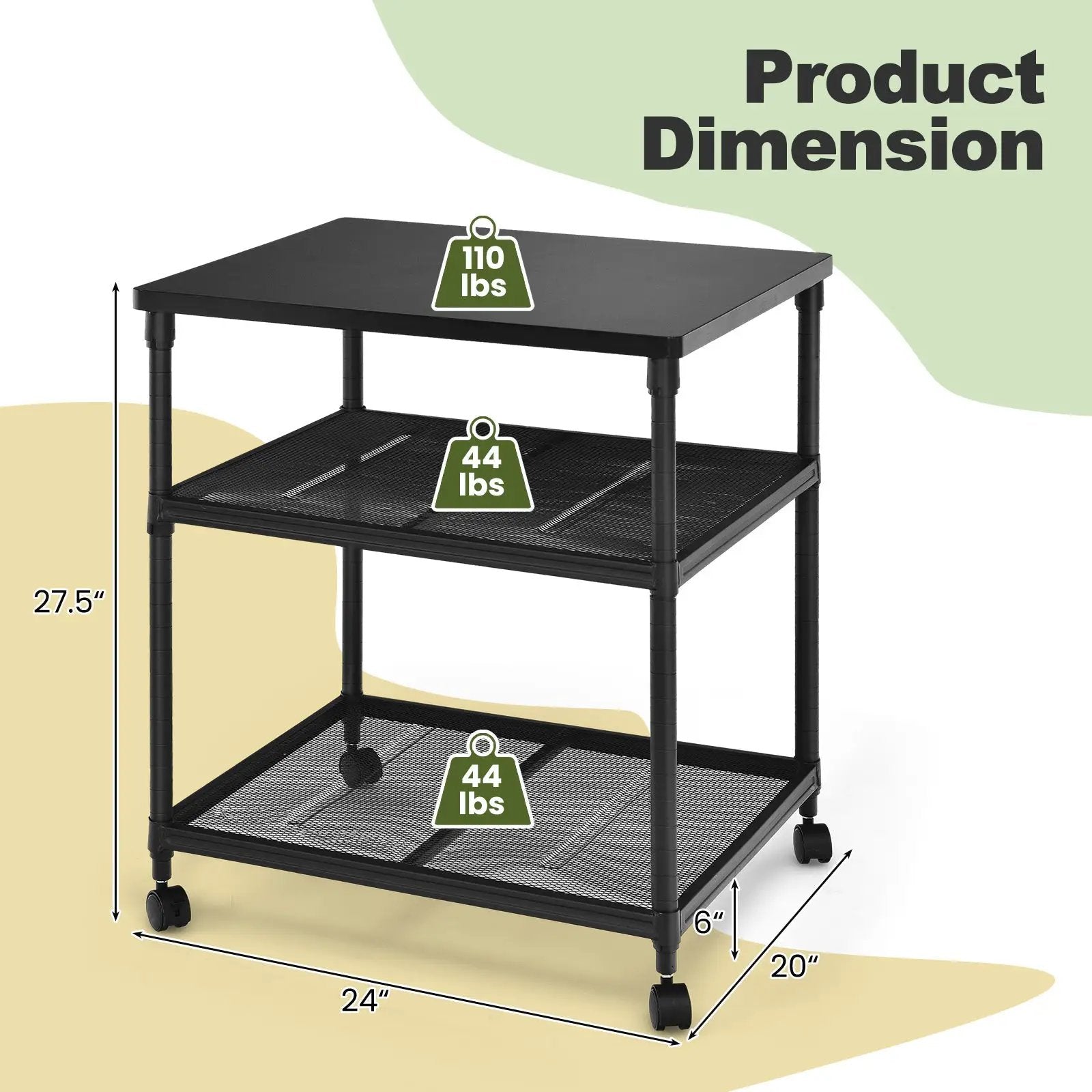 3 Tier Printer Stand Rolling Fax Cart with Adjustable Shelf and Swivel Wheels by DirectDeals