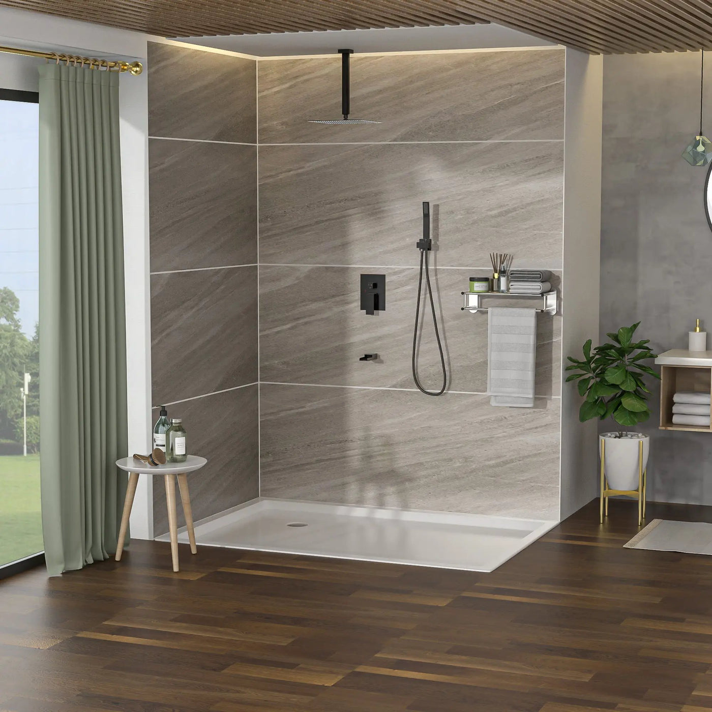 Modern Shower System With Waterfall Tub Spout, 12" Ceiling Mount Square Shower by HouseOfZazla
