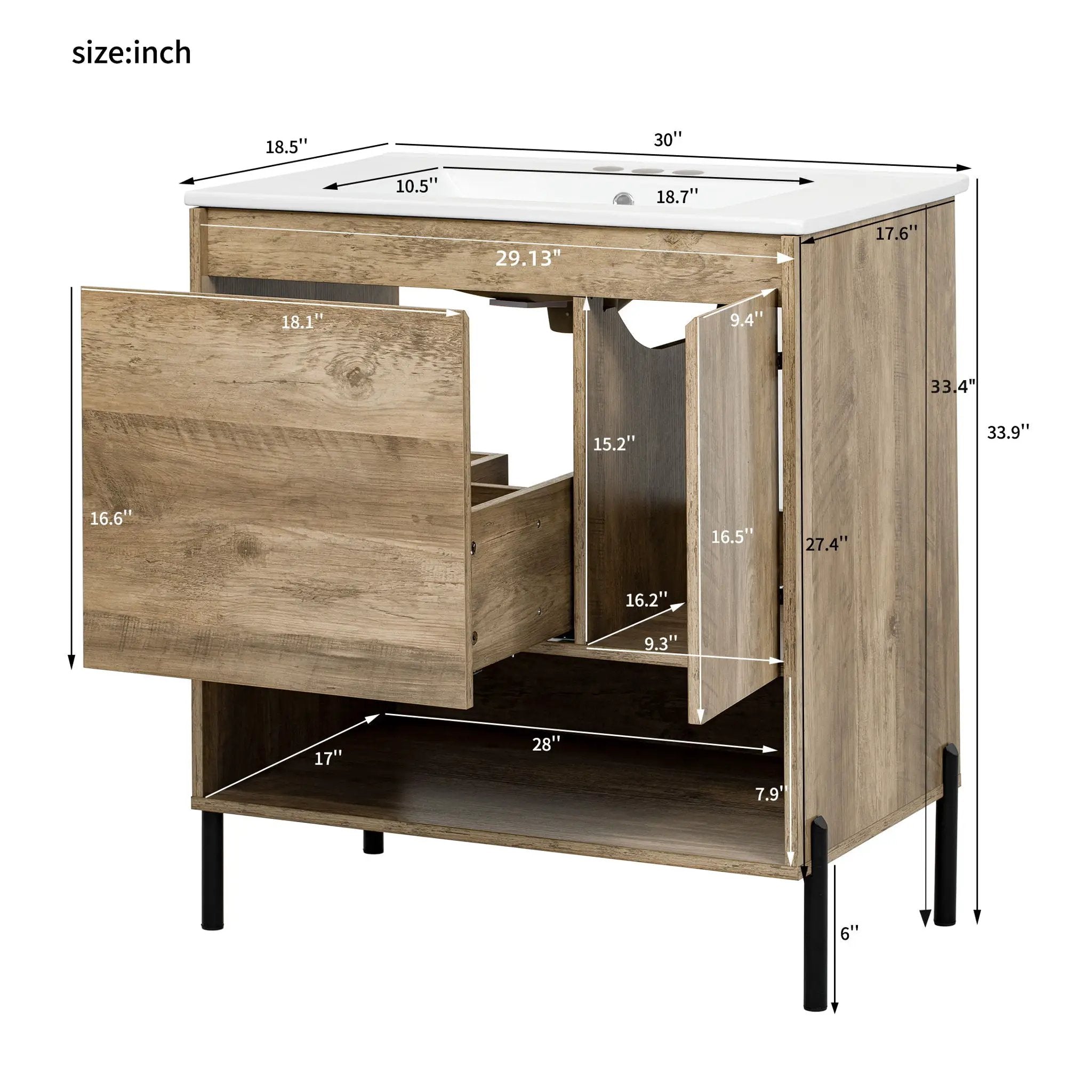 Bathroom Vanity Cabinet With Sink, Sliding Drawer, Soft Closing Door, Open Shelf - Natural Wood by HouseOfZazla