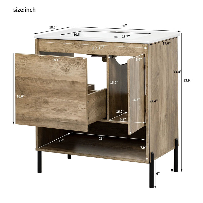 Bathroom Vanity Cabinet With Sink, Sliding Drawer, Soft Closing Door, Open Shelf - Natural Wood by HouseOfZazla
