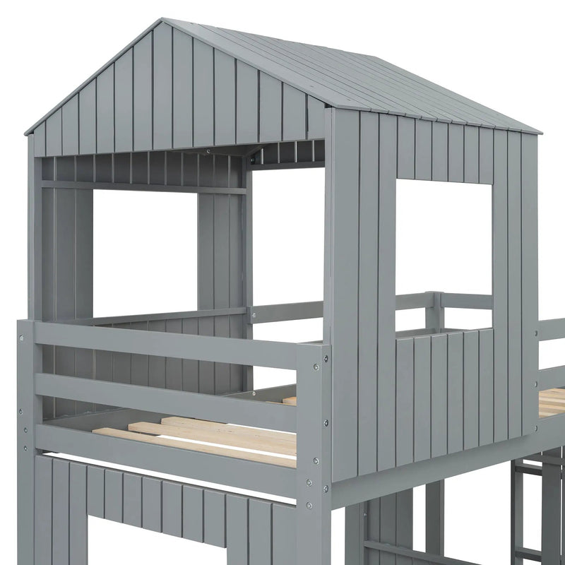 Loft Bunk Bed With Playhouse, Farmhouse, Ladder, Slide And Guardrails by HouseOfZazla