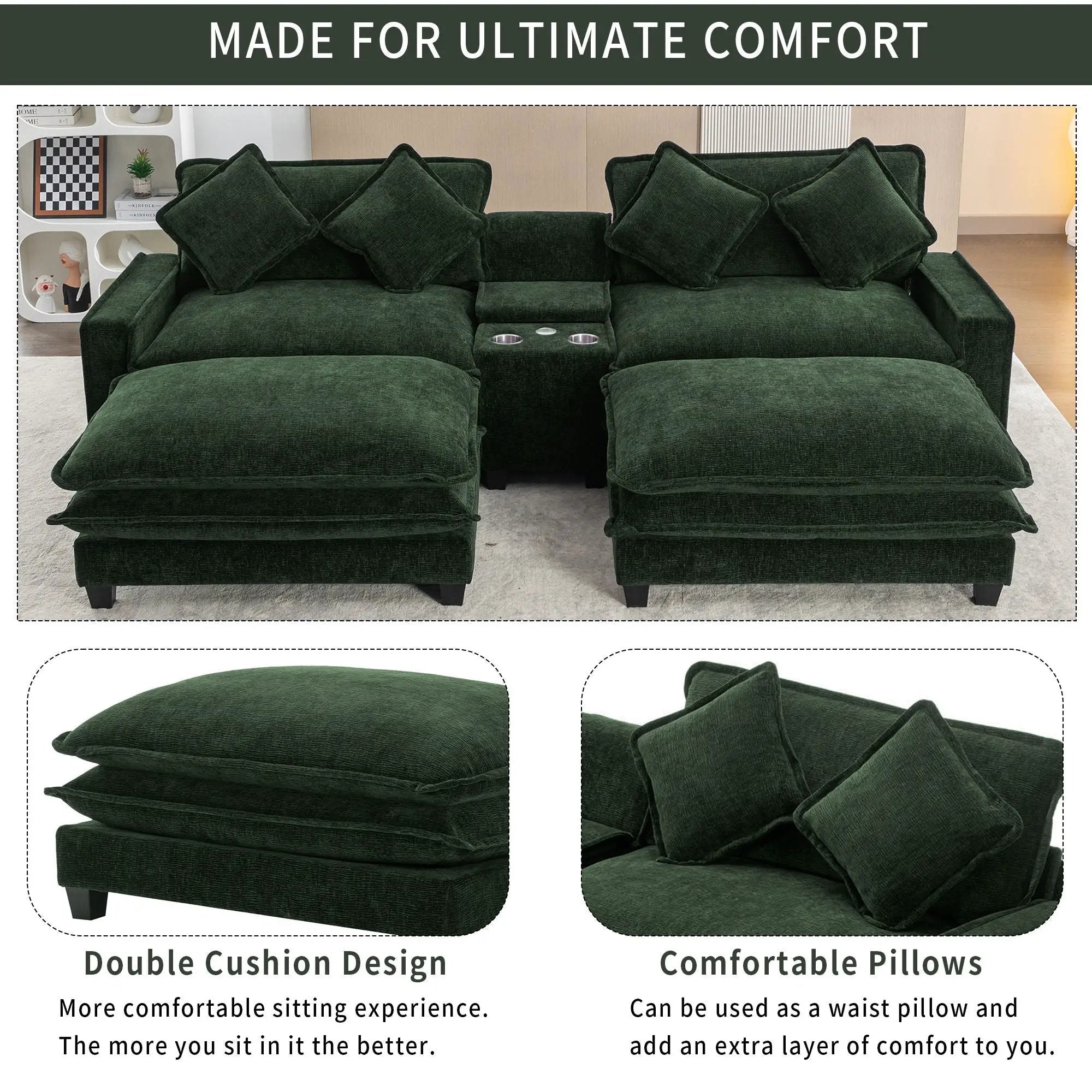 Sectional Sofa Upholstered Sofa With Two Removable Ottoman, Two USB Ports, Two Cup Holders And Large Storage Box For Living Room by HouseOfZazla