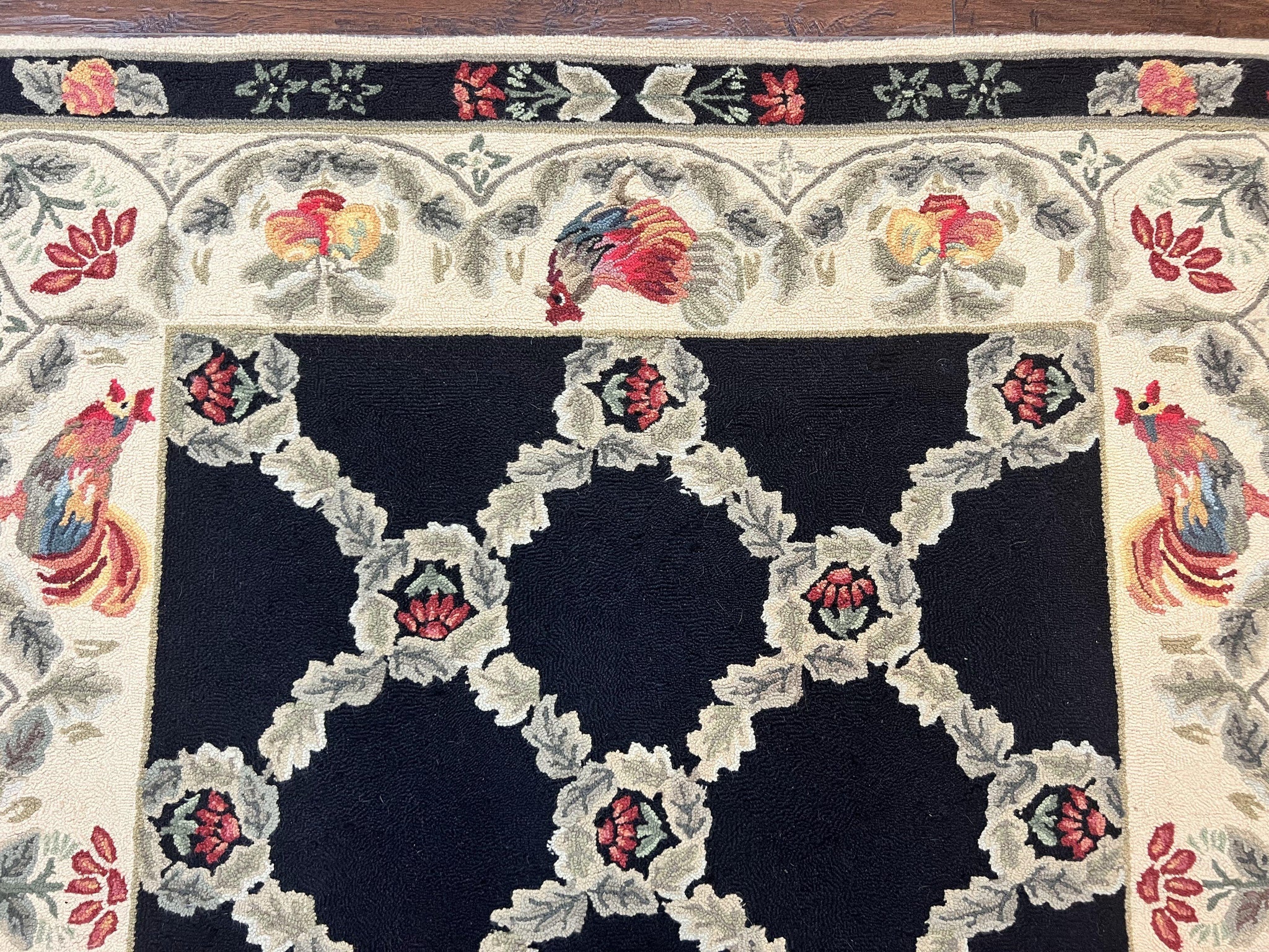 Hooked Rug 5x8, European Aubusson Pattern, Black and Ivory, Roses & Roosters, Vintage Wool Rug by Jewel Rugs