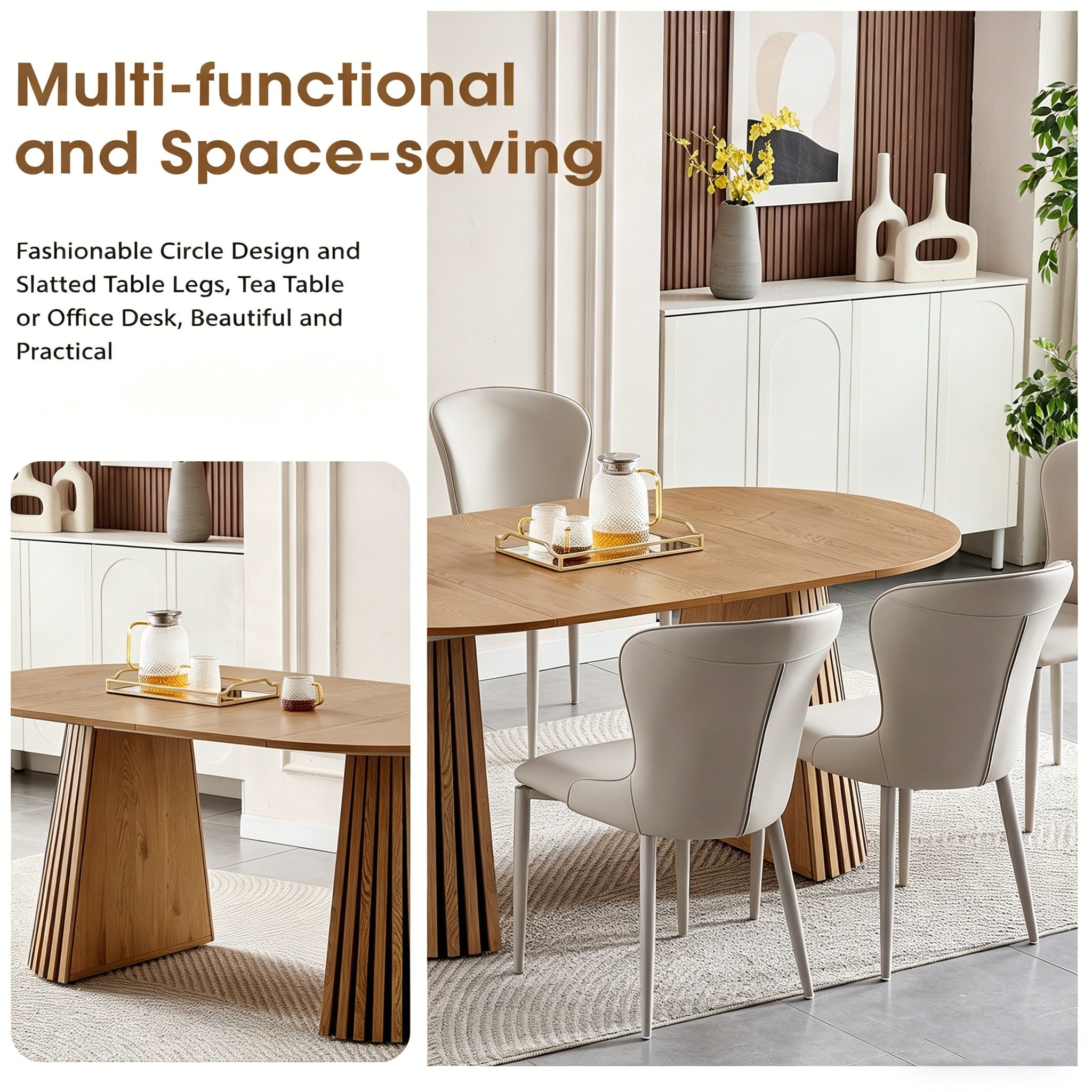 Dining Table, Flexible Extendable Oval Design With Slatted Legs - Natural Wood by HouseOfZazla