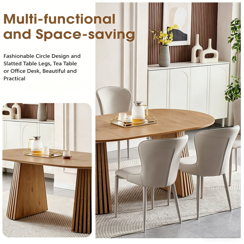 Dining Table, Flexible Extendable Oval Design With Slatted Legs - Natural Wood by HouseOfZazla