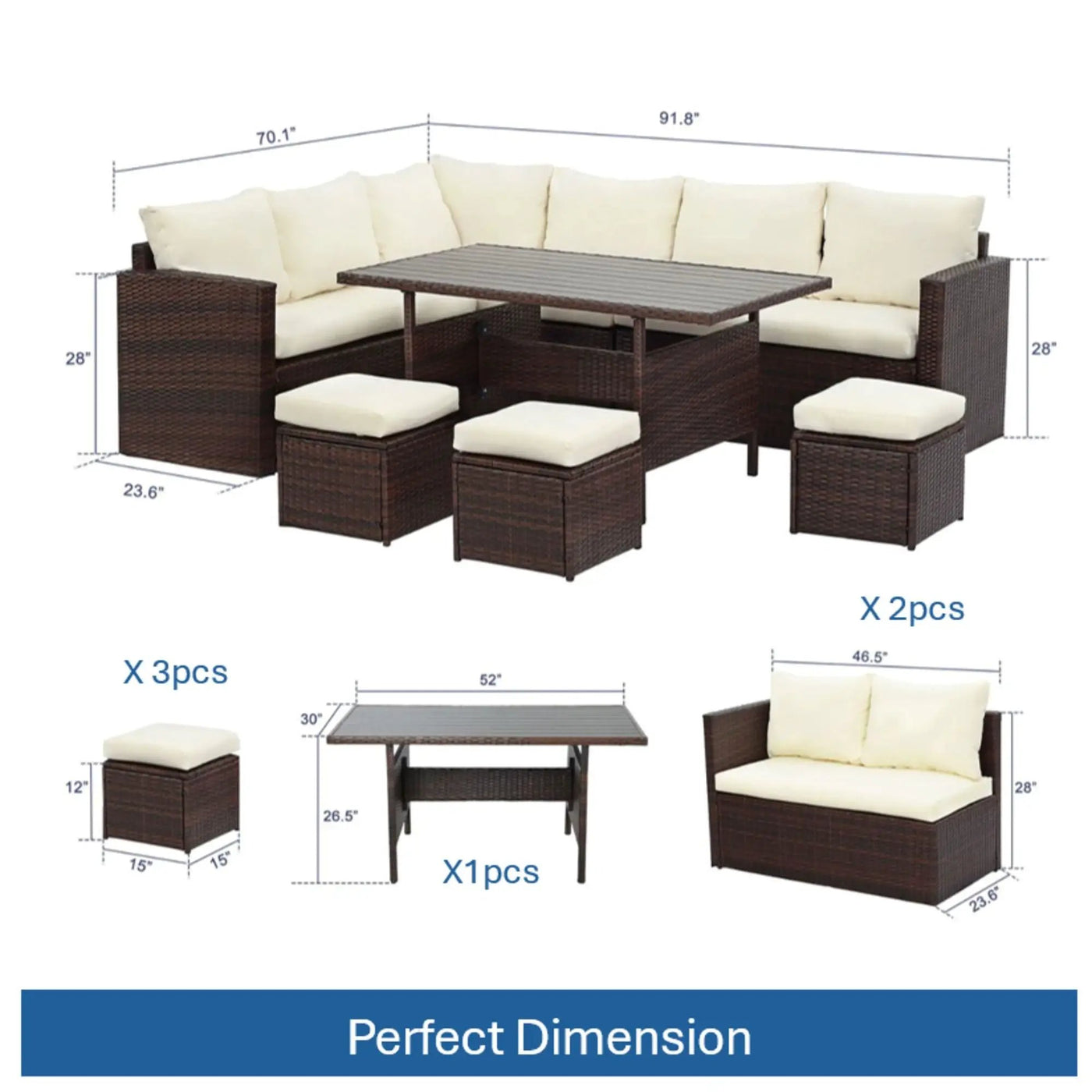 7 Piece Outdoor Dining Set With Cushions, Modular Sectional Sofa And Table by HouseOfZazla