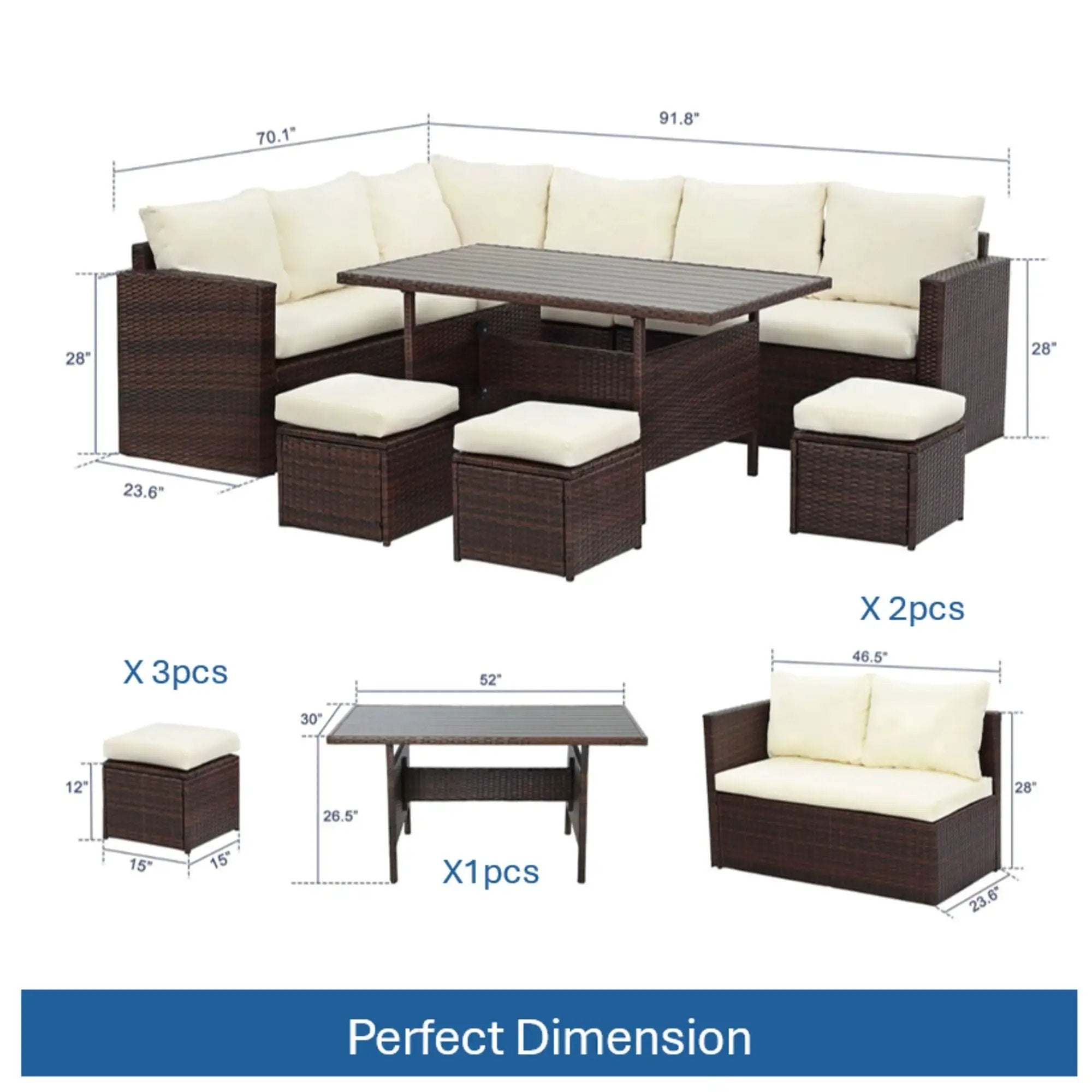 7 Piece Outdoor Dining Set With Cushions, Modular Sectional Sofa And Table by HouseOfZazla