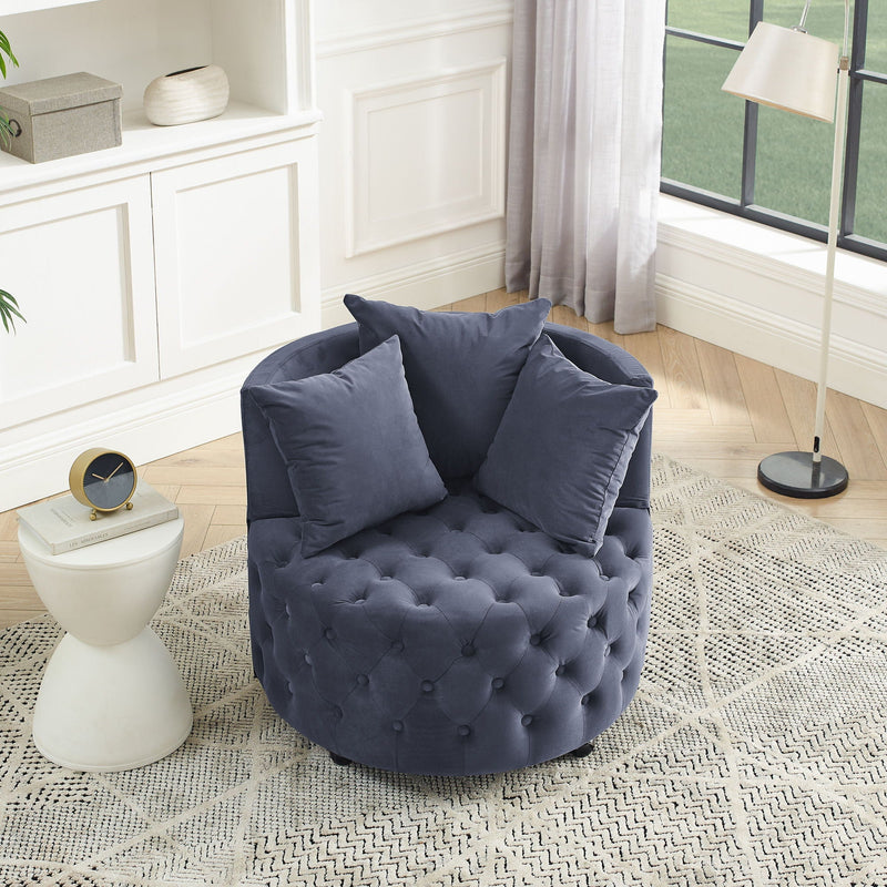 Modern Upholstered Swivel Chair With Button Tufted Design And Movable Wheels by HouseOfZazla