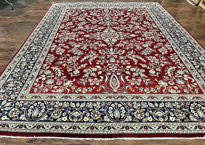 Indo Persian Sarouk Rug 9x12, Floral Allover, Dark Red & Navy Blue, Handmade Vintage Wool Carpet by Jewel Rugs