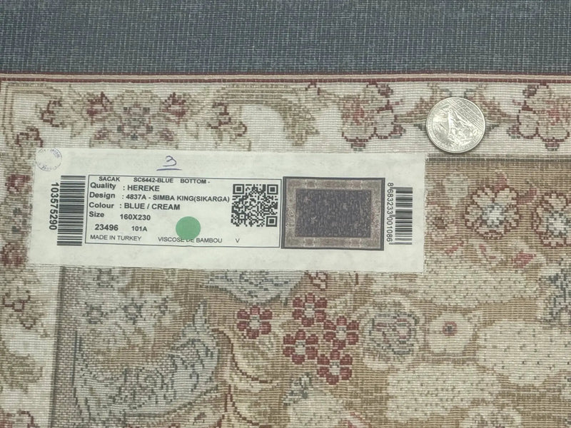 Turkish Silk Rug 5x8, Hunting Design, Animal Pictorials, Steel Blue & Ivory, Bamboo Silk by Jewel Rugs