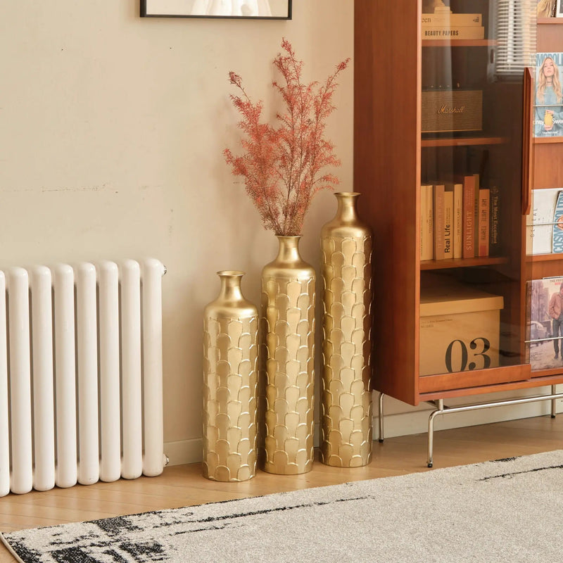 Floor Metal Vases Decorated White Metal Vases (Set of 3) Gorgeous Home Decoration Large Glazed Metal Vases - Golden by HouseOfZazla
