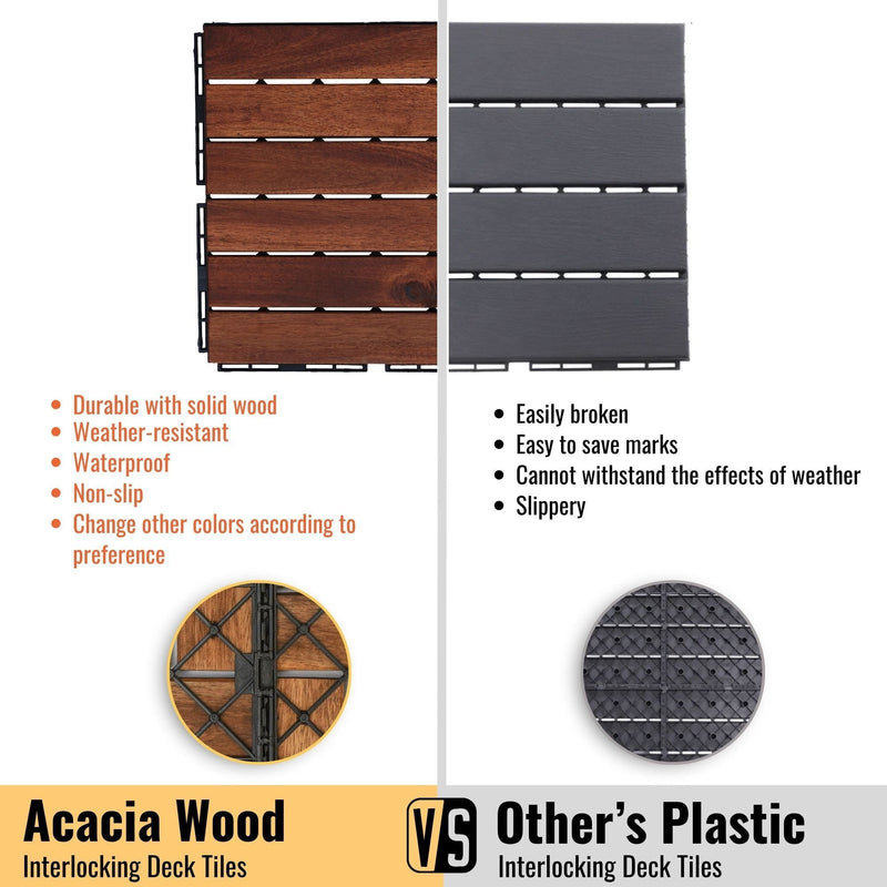 Interlocking Deck Tiles Striped Pattern, Square Acacia Hardwood Outdoor Flooring For Patio, Bancony, Pool Side by HouseOfZazla