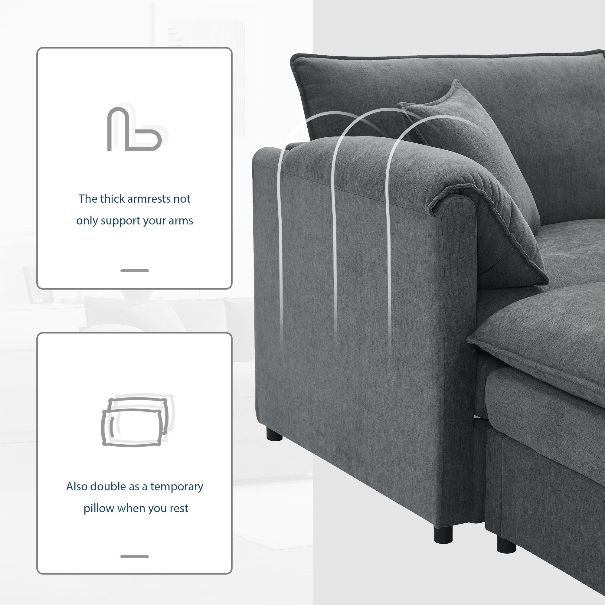 Modular Sectional With Deep And Wide Seat, Cloud Couch Set With Double Cushions Sofa With Movable Ottoman by HouseOfZazla