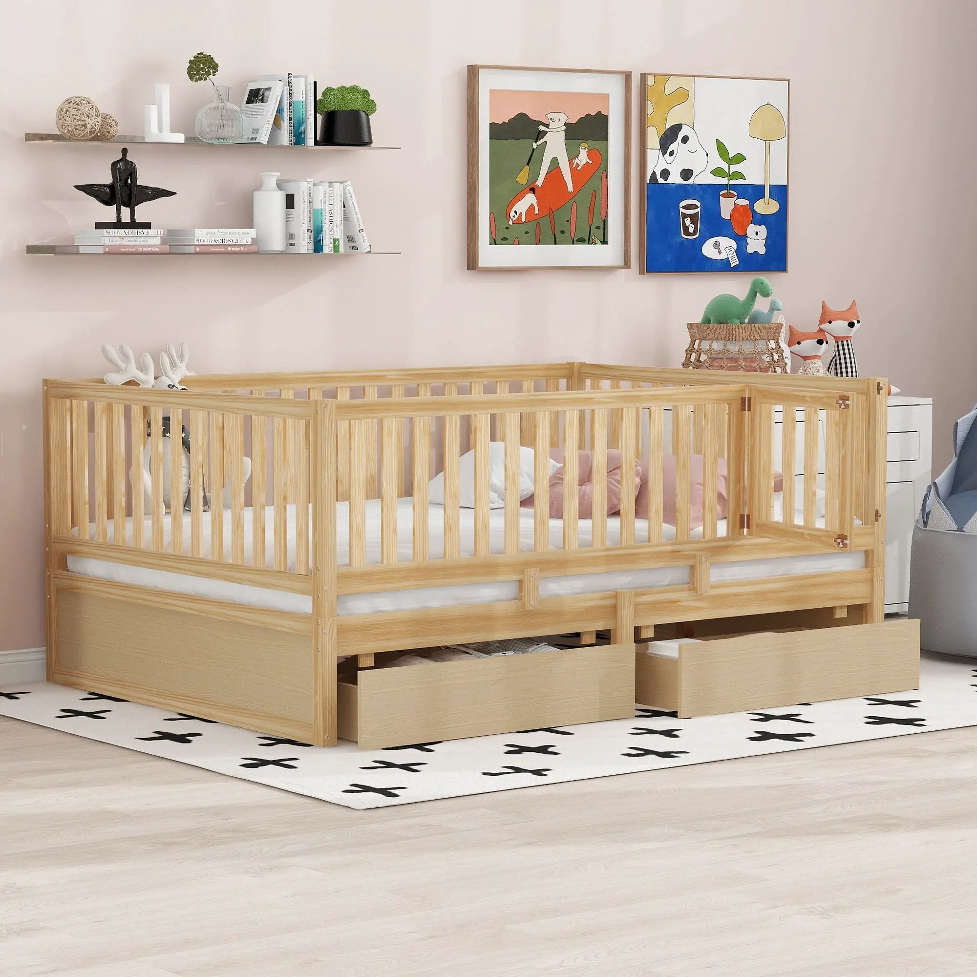 Daybed With Fence Guardrails And 2 Drawers, Split Into Independent Floor Bed & Daybed by HouseOfZazla