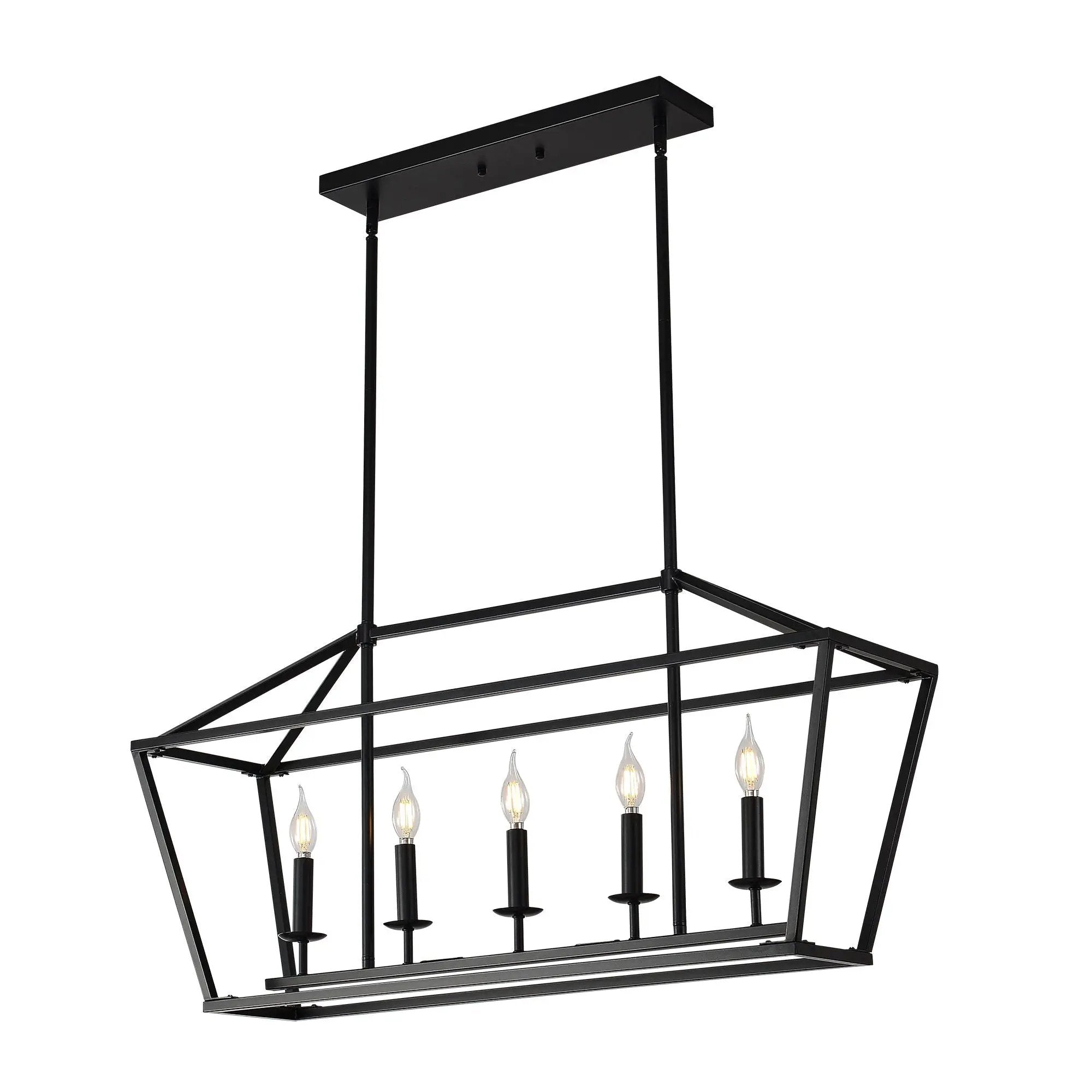 5 Light Farmhouse Kitchen Island Lighting, 5 Light Industrial Linear Chandelier For Dining Room Metal Hanging Pendant Light Fixture For Bedroom Living Room Hallway Conference Room - Matte Black by HouseOfZazla