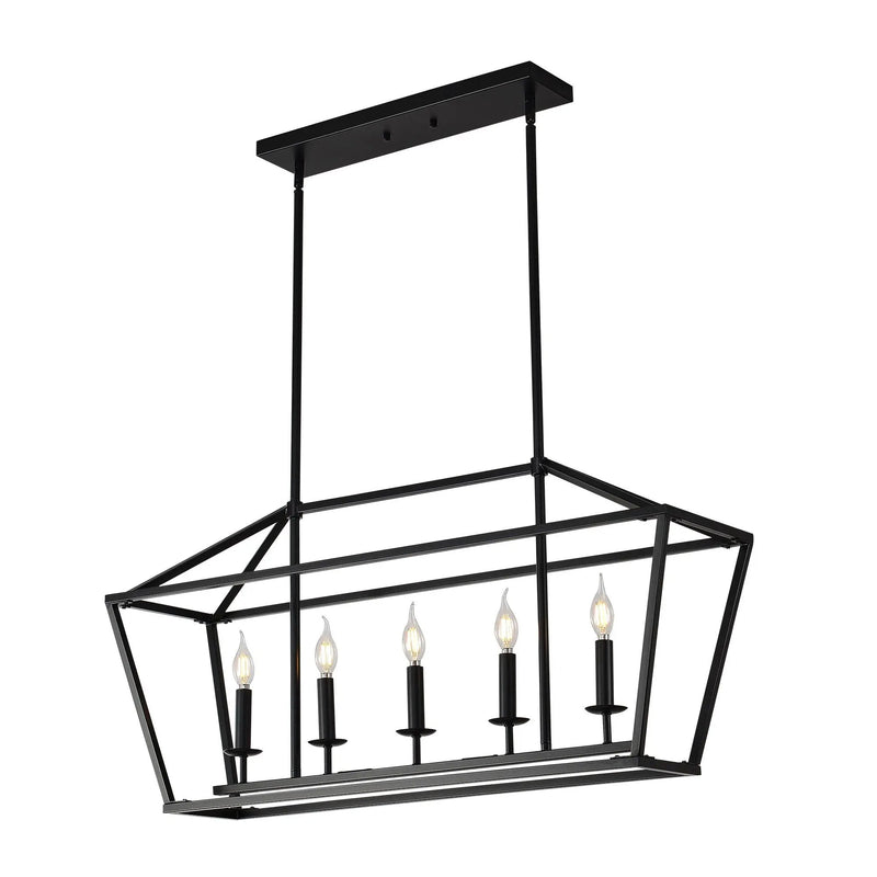 5 Light Farmhouse Kitchen Island Lighting, 5 Light Industrial Linear Chandelier For Dining Room Metal Hanging Pendant Light Fixture For Bedroom Living Room Hallway Conference Room - Matte Black by HouseOfZazla