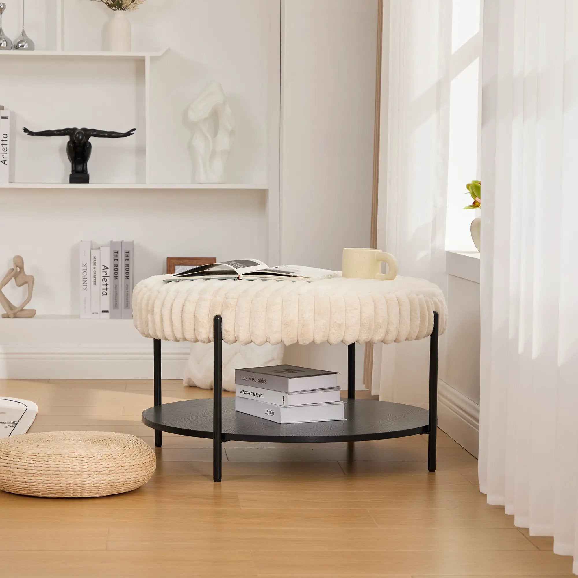 Modern Upholstered Round Ottoman Coffee Table With Storage Shelf by Unique Piece Furniture