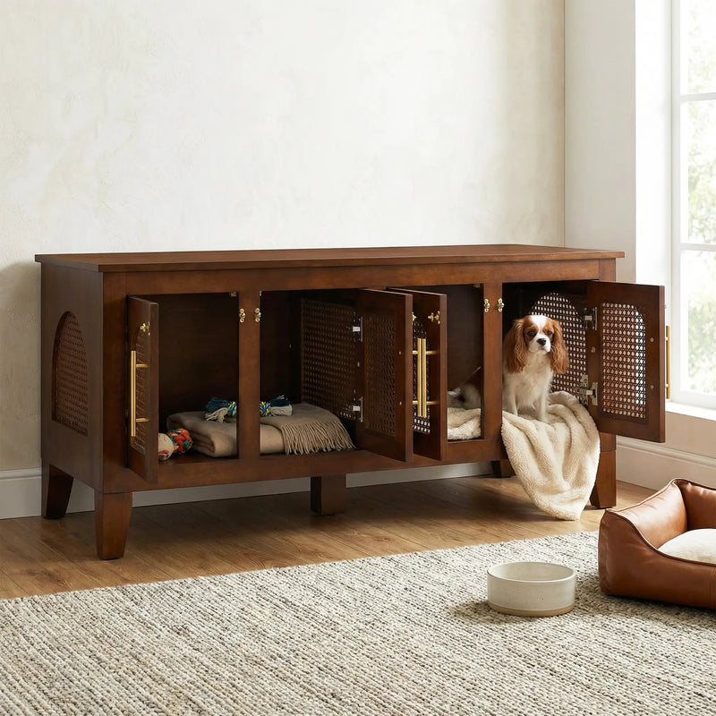 Lars Indoor Rattan Decorated Rubber Wood Dog Crate Cabinet Furniture by HouseOfZazla