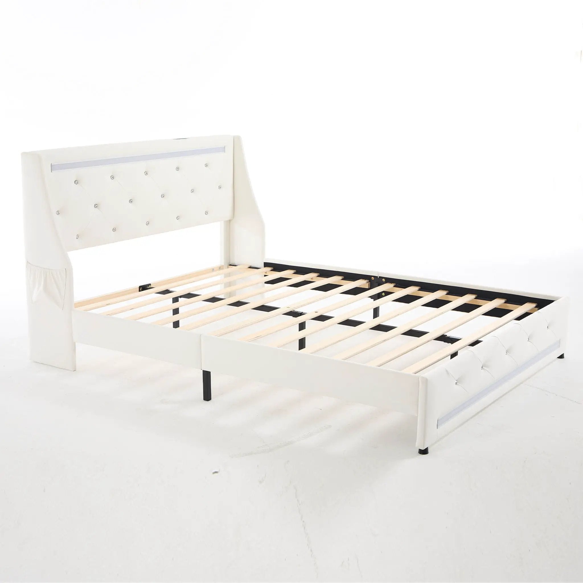 Wingback Upholstered Bed Frame With LED Lights, Charging Station by HouseOfZazla