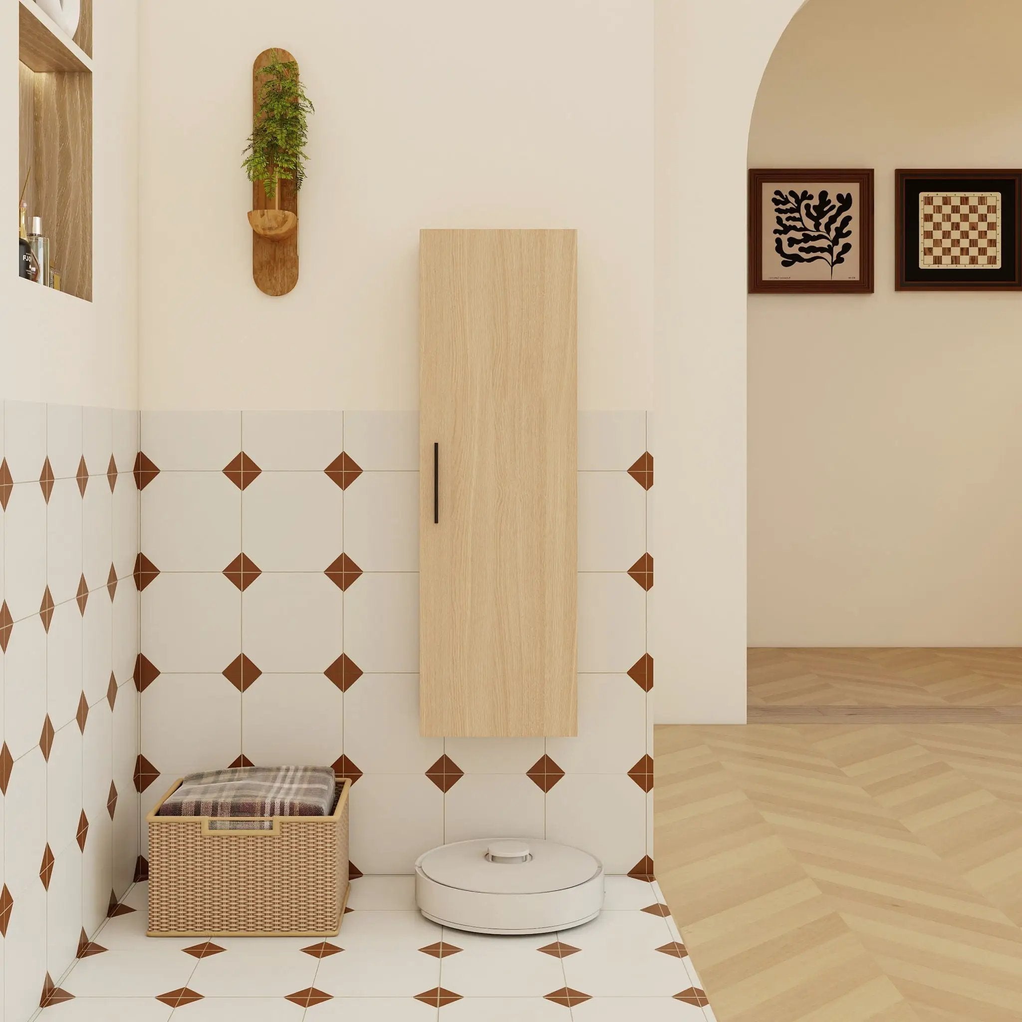 Tall Floating Bathroom Side Cabinet, Wall Mounted Single Door Storage - Light Oak by HouseOfZazla