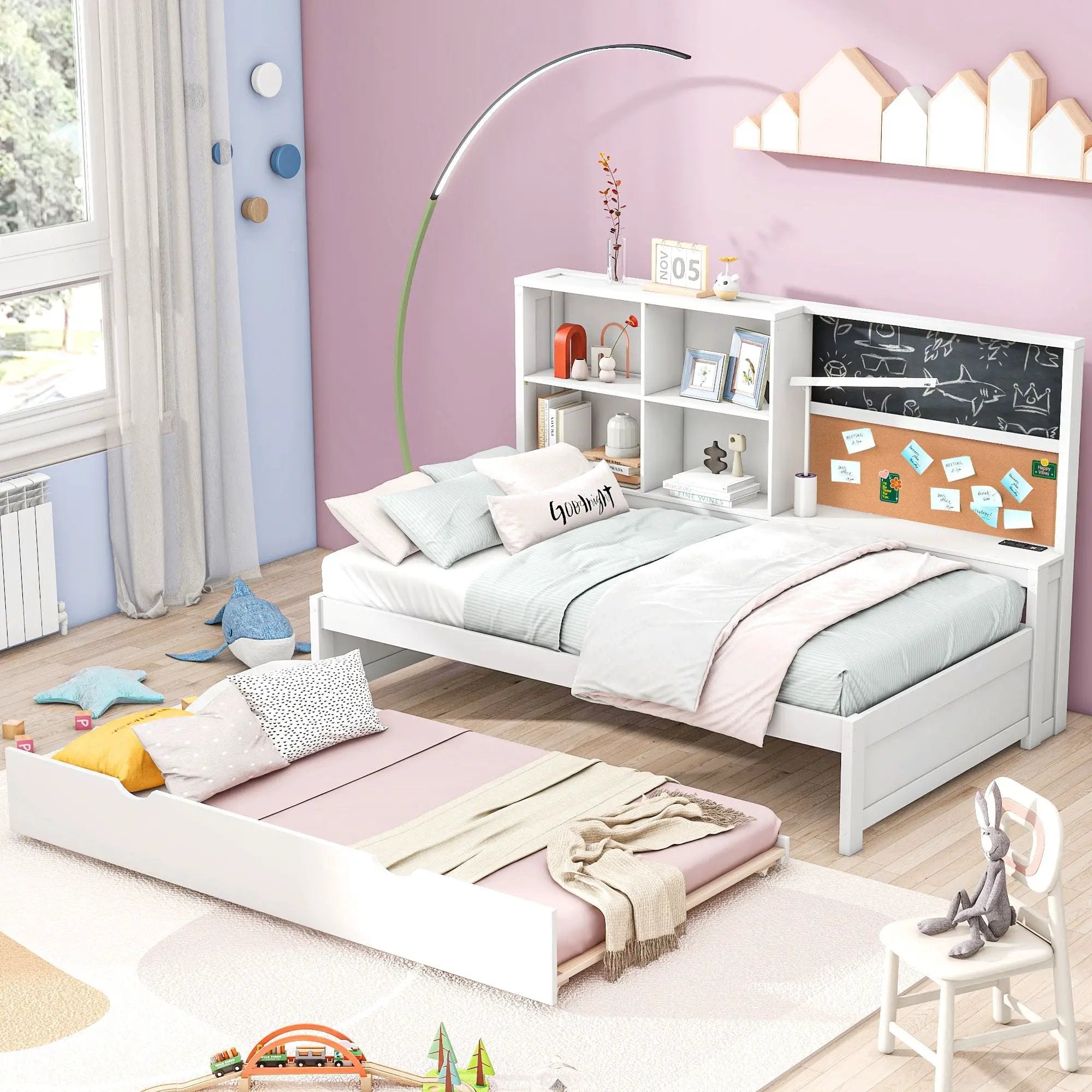 Twin Size Daybed With Storage Shelvesboard, Cork Board, USB Ports And Trundle - White by HouseOfZazla