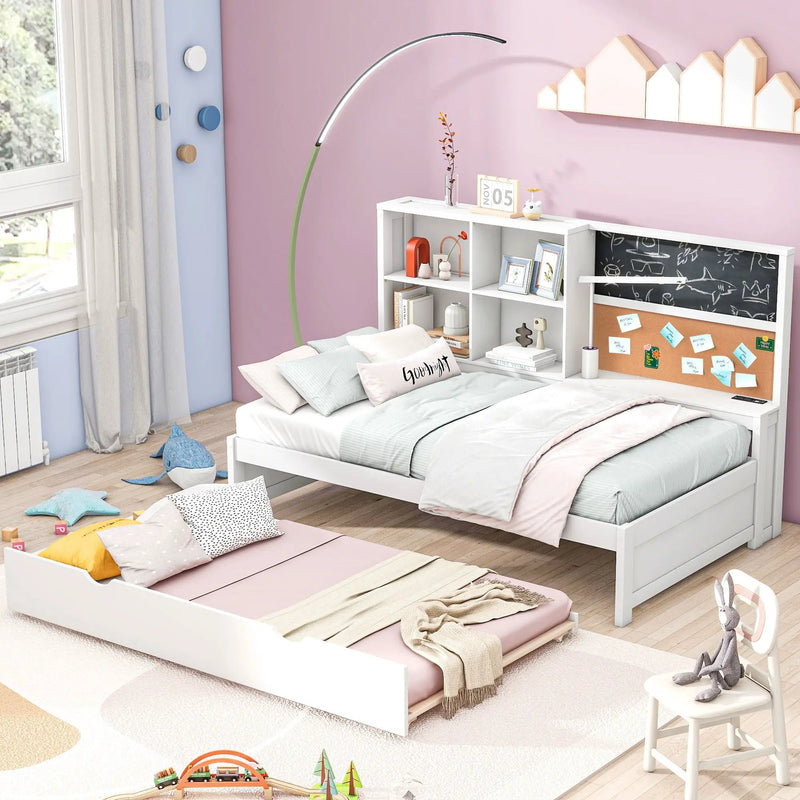 Twin Size Daybed With Storage Shelvesboard, Cork Board, USB Ports And Trundle - White by HouseOfZazla