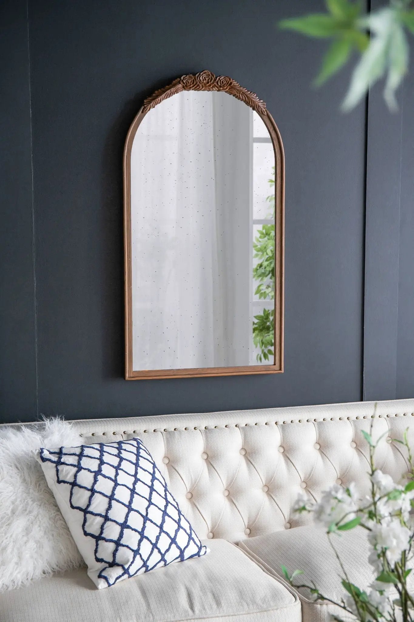 Hand Carved Rose Antique Mirror Frame, Wood Arch Mirror Wall Decor For Living Room by HouseOfZazla