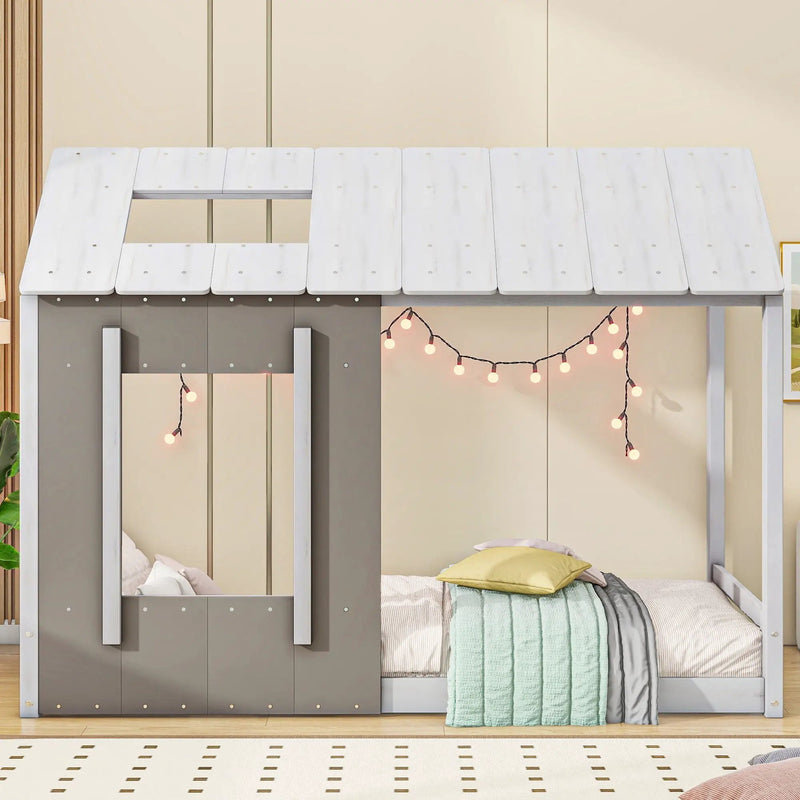 Twin Size House Platform Bed With Roof And Window - Natural / White by Unique Piece Furniture