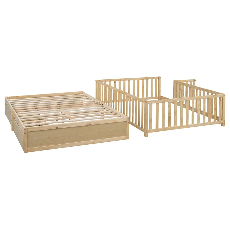 Daybed With Fence Guardrails And 2 Drawers, Split Into Independent Floor Bed & Daybed by HouseOfZazla