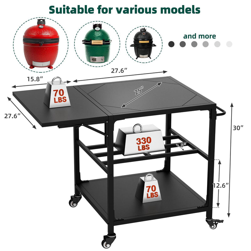 Outdoor Grill Table, Prep Cart With Wheels, Storage Shelf And Hooks - Black by HouseOfZazla