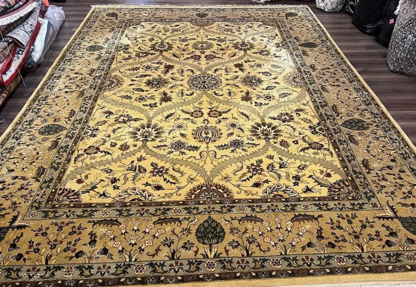 Indo Persian Mahal Rug 10x14, Wool Hand Knotted Oriental Carpet, Cream Floral Allover, Vintage Area Rug 10 x 14, Traditional Rug, Handmade by Jewel Rugs