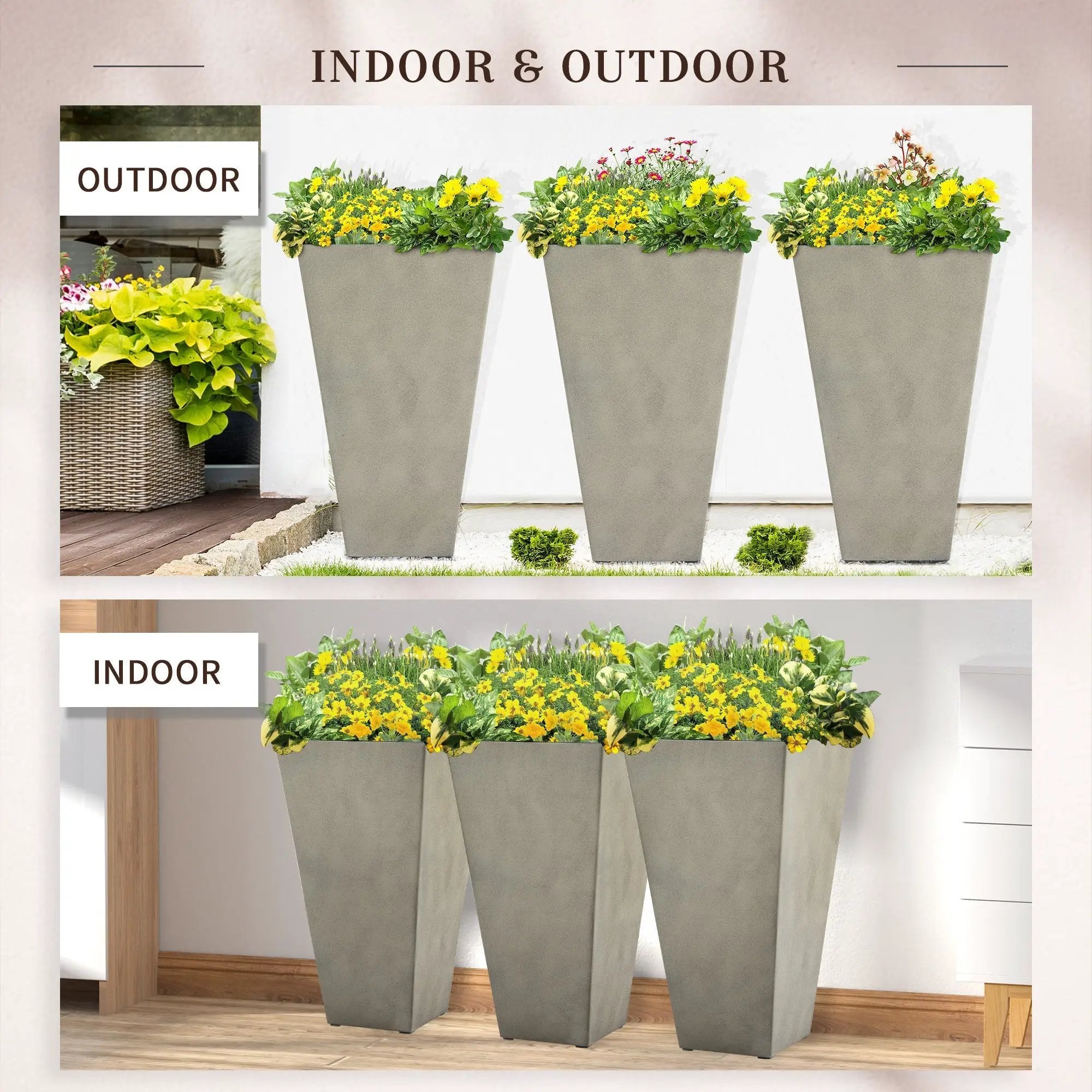Outsunny Set of 3 Tall Planters with Drainage Hole, Gray by HouseOfZazla