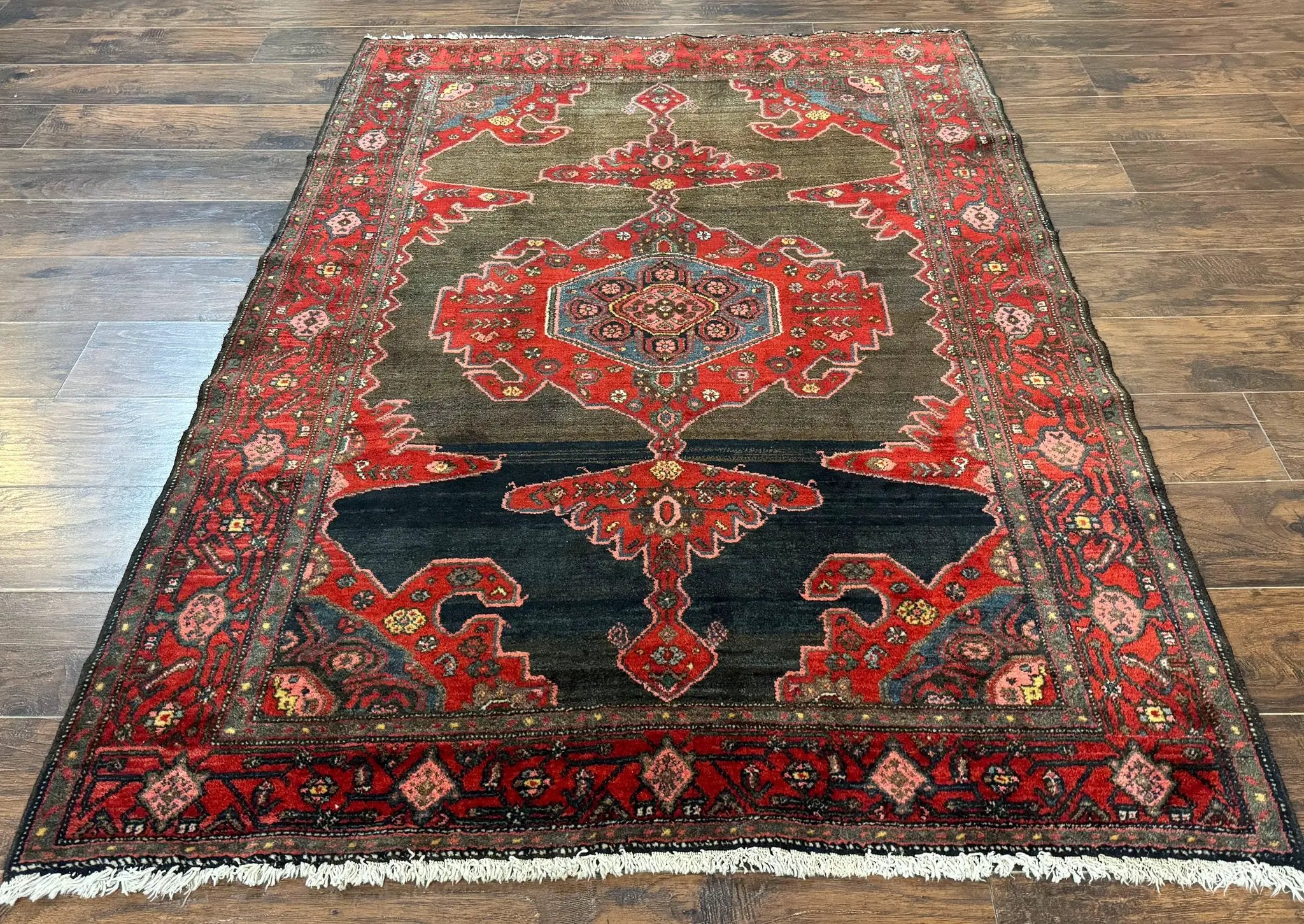 Antique Persian Tribal Rug 5x7, Geometric Wool Carpet, Kurdish Senneh Rug by Jewel Rugs