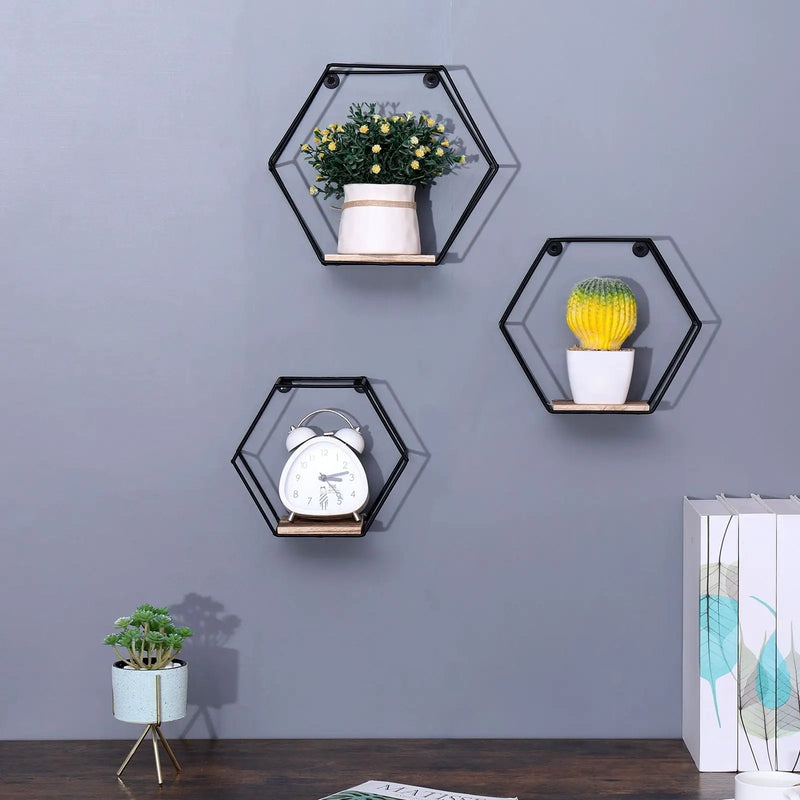 Wall Mounted Hexagonal Floating Shelves - Black (Set of 3) In Different Sizes, Modern Metal Wall Shelf, Simple Wood Partition Storage Shelves, Wall Decor Rack - Natural Wood by HouseOfZazla