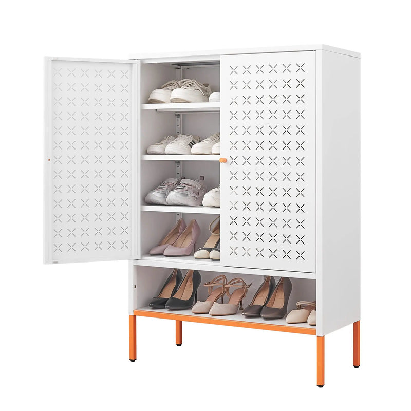 Grid Double Door Shoe Cabinet With Adjustable Compartments And Moisture-Proof Design In Metal by Unique Piece Furniture