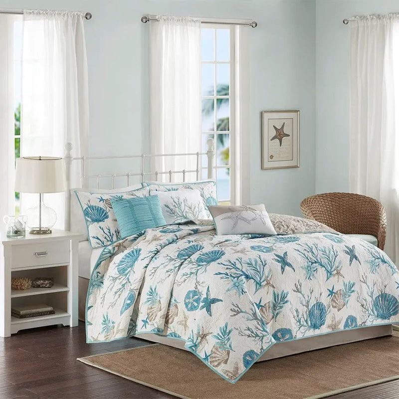 6 Piece Cotton Sateen Quilt Set with Throw Pillows Aqua King/Cal King by HouseOfZazla
