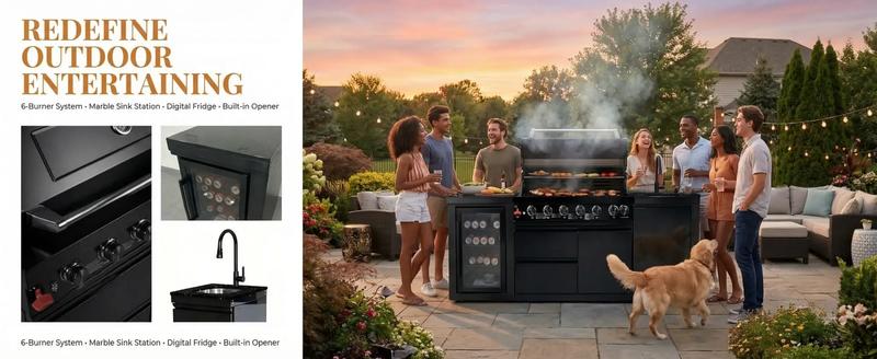 82" 6-Burner 85,000 BTU Gas Outdoor Kitchen Island Grill Stainless Steel Sink Wine Cooler by Chery Industrial