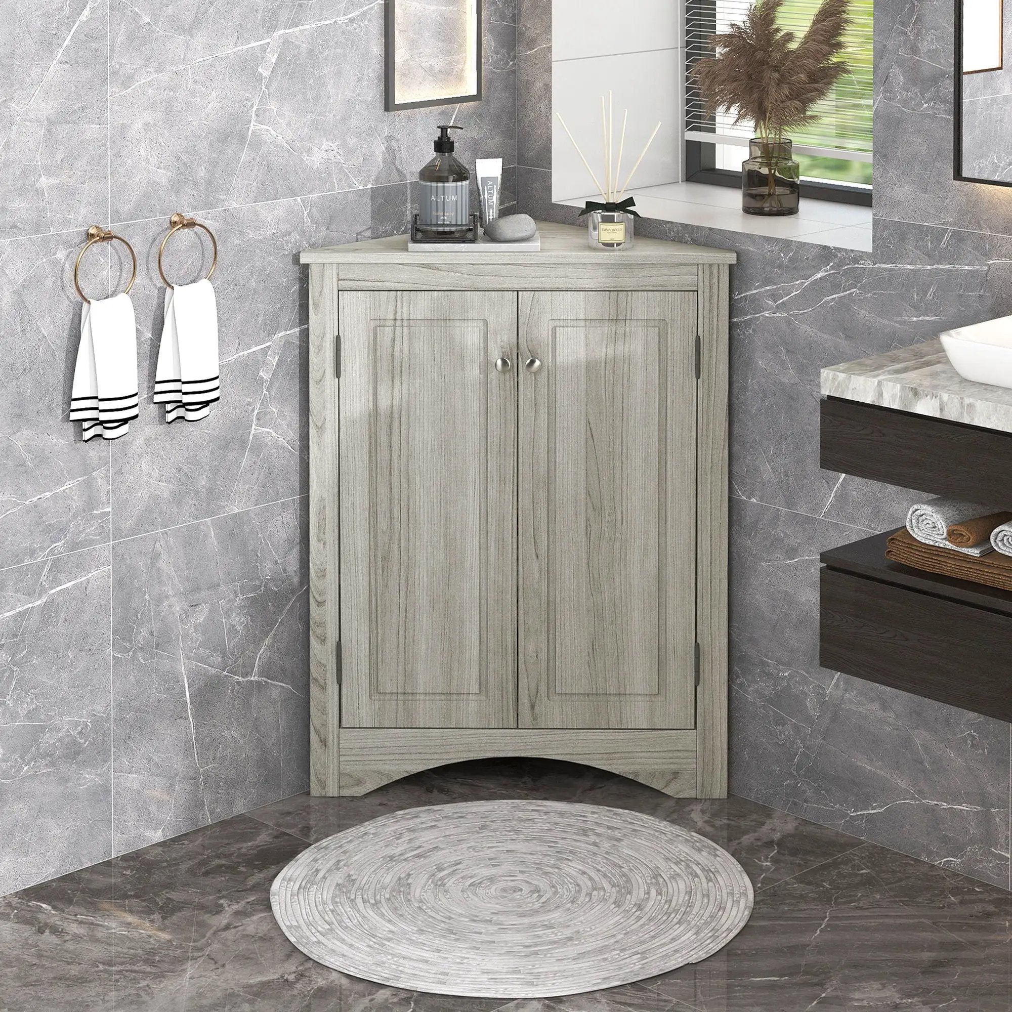 Triangle Bathroom Storage Cabinet With Adjustable Shelves, Freestanding Floor Cabinet For Home Kitchen by Unique Piece Furniture