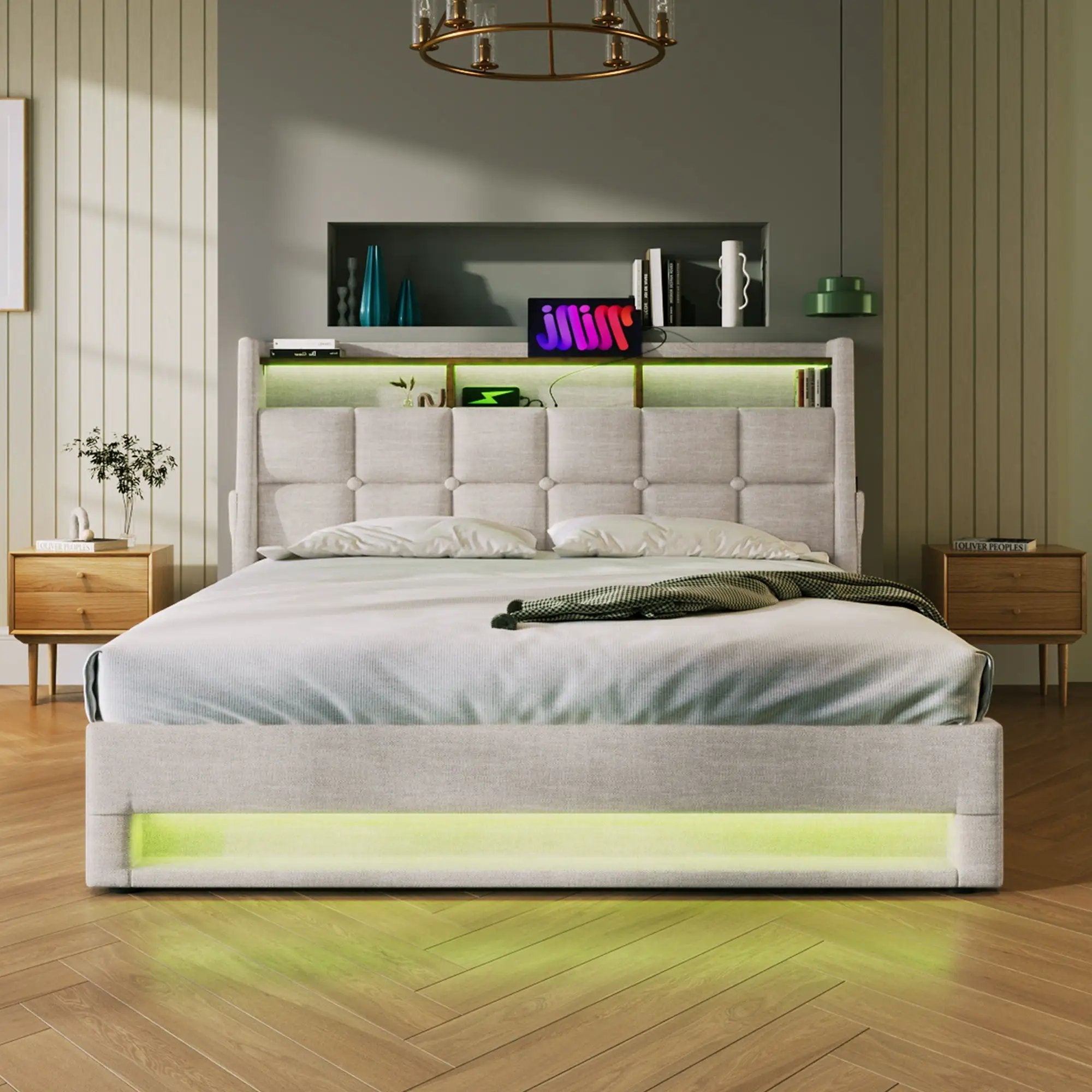 Platform Bed With Hydraulic Storage, LED Lighting & Charging Station by HouseOfZazla