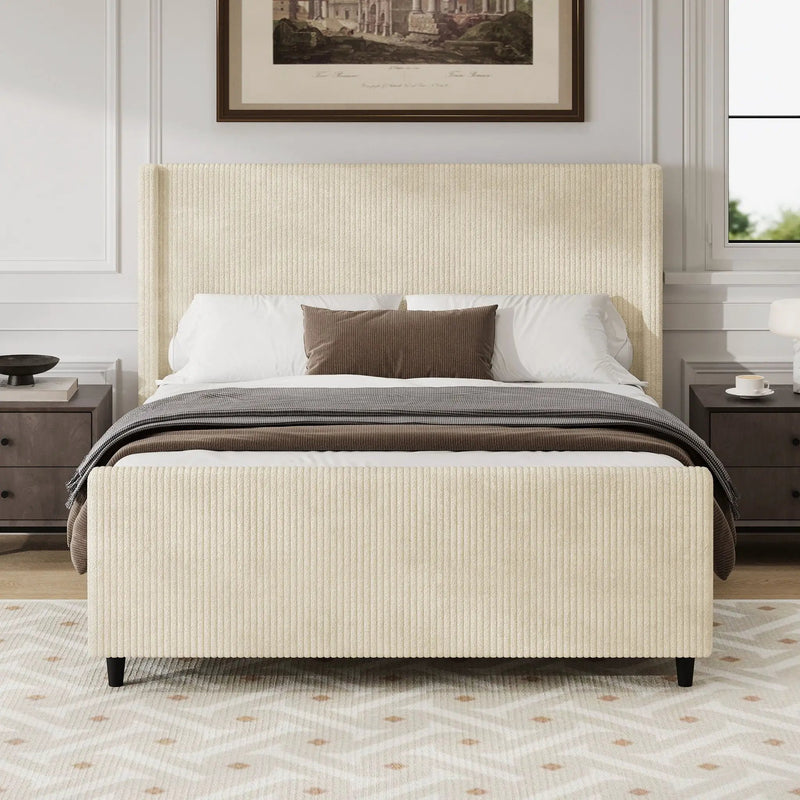 Corduroy Upholstered Bed Frame with Vertical Stripe Wingback and High Footboard by HouseOfZazla
