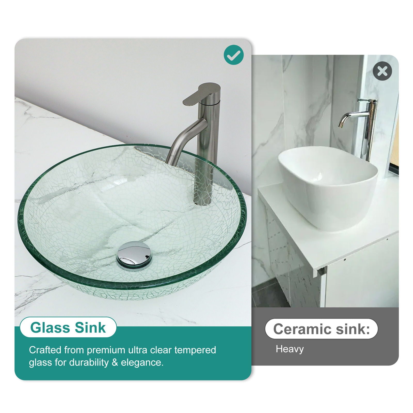 Crackle Vessel Sink, Round Bowl With Pop Up Drain - Clear by HouseOfZazla