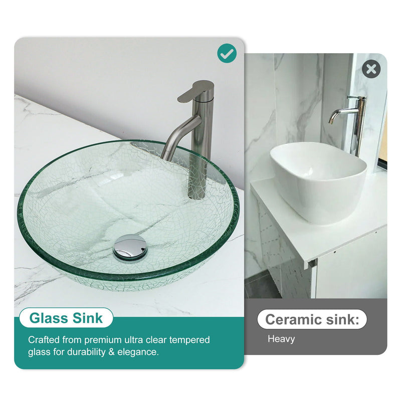 Crackle Vessel Sink, Round Bowl With Pop Up Drain - Clear by HouseOfZazla