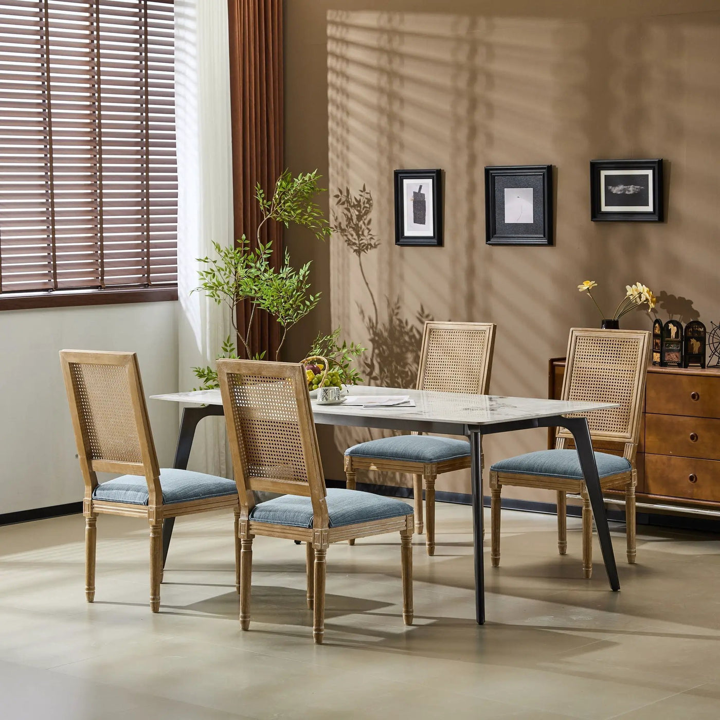 French Country Dining Chair With Rectangular Cane Backrest And Smooth Upholstered Seating by HouseOfZazla
