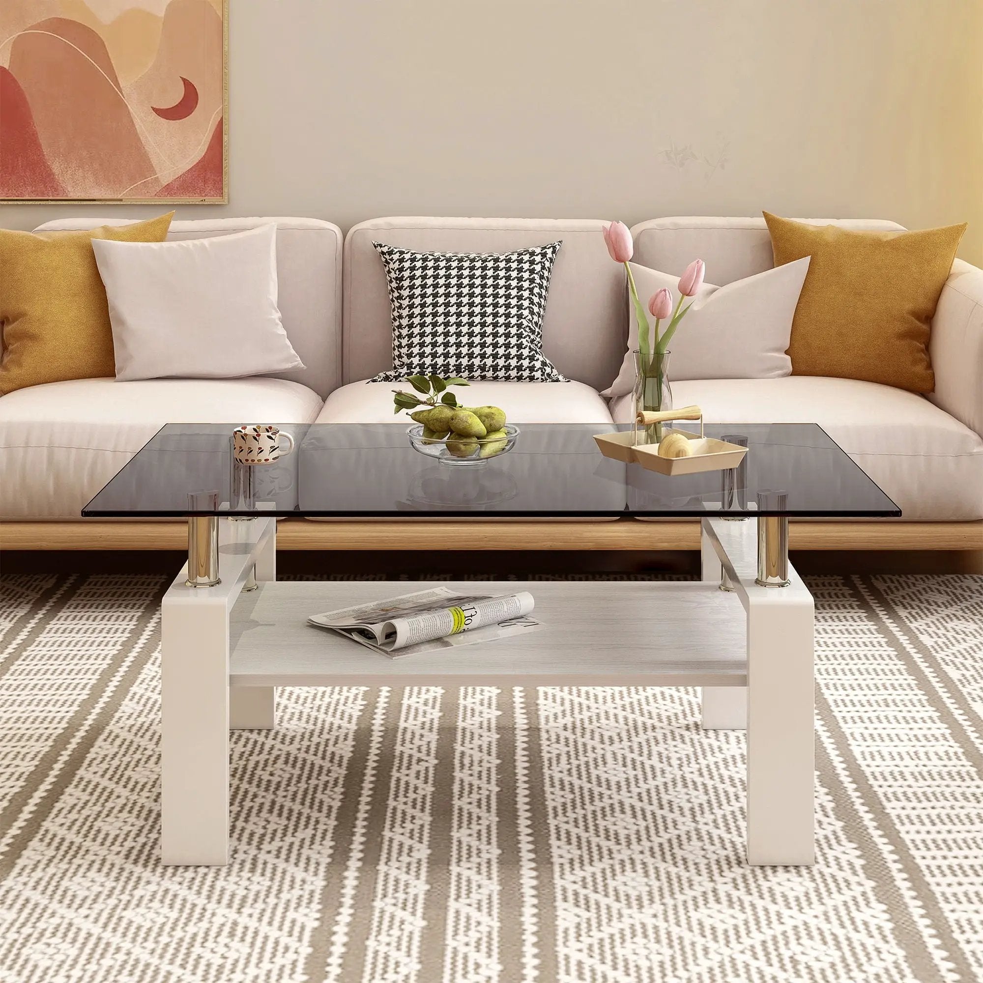 Modern Rectangular Coffee Table With Tempered Transparent Glass Top And Storage Shelf by Unique Piece Furniture