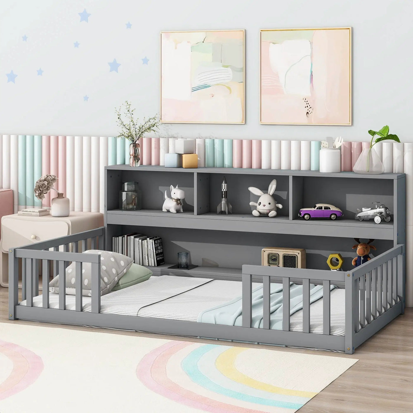 Floor Bed With Bedside Bookcase, Shelves, Guardrails by HouseOfZazla