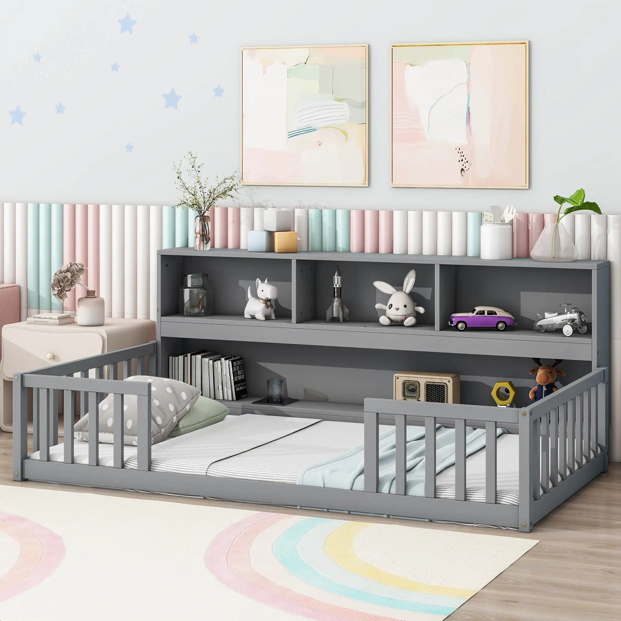 Floor Bed With Bedside Bookcase, Shelves, Guardrails by HouseOfZazla