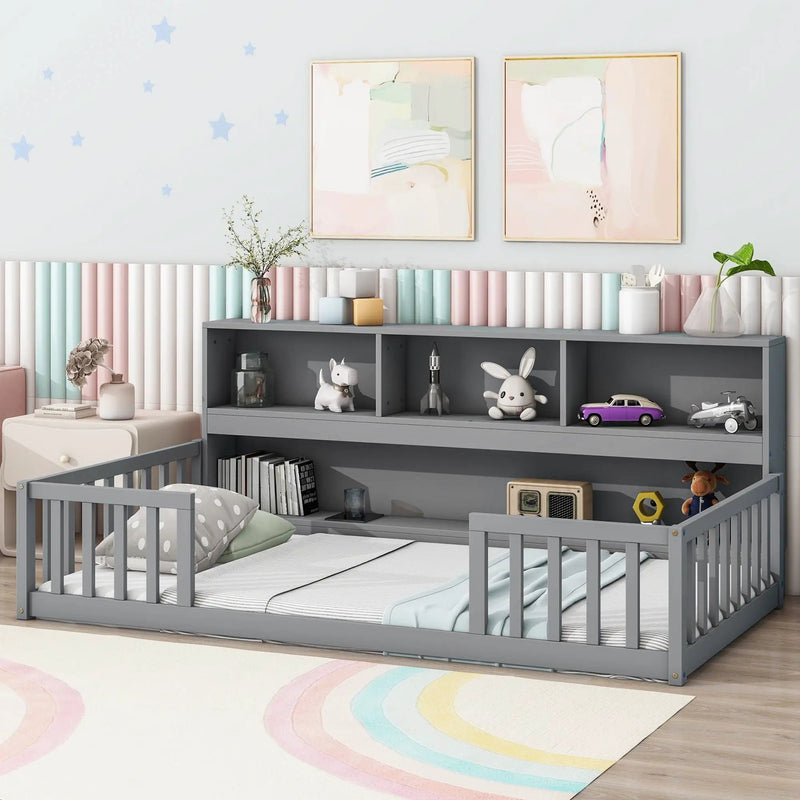 Floor Bed With Bedside Bookcase, Shelves, Guardrails by HouseOfZazla