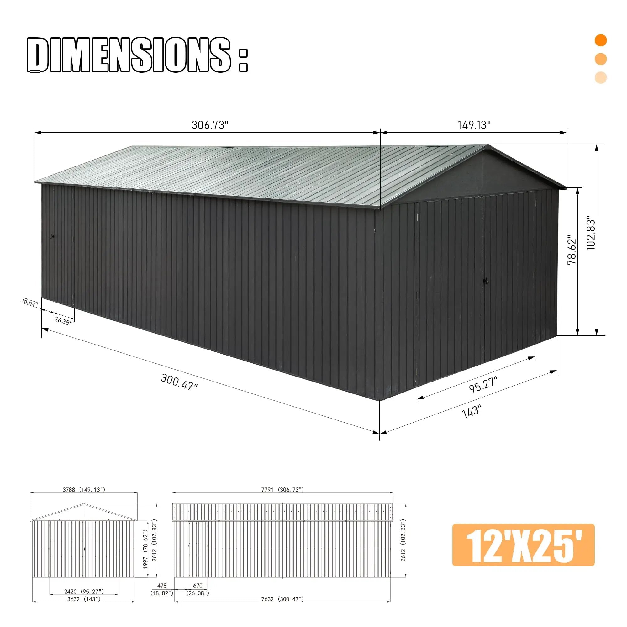 12x25FT Outdoor Metal Garage Shed, Extra Large Metal Carport by HouseOfZazla