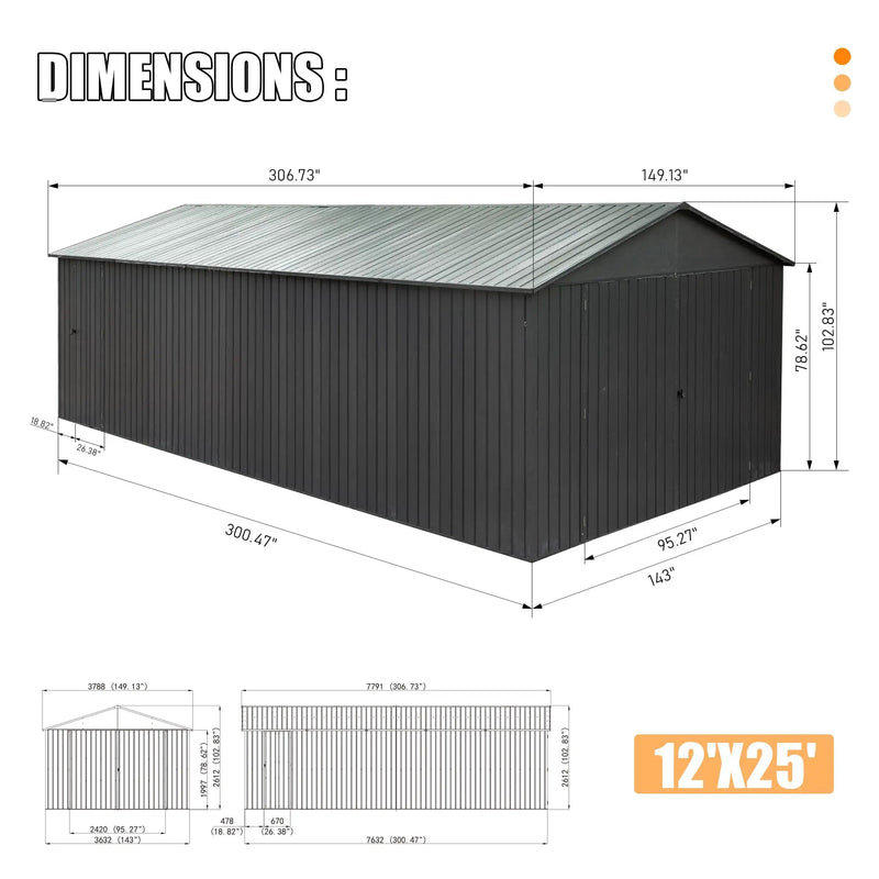 12x25FT Outdoor Metal Garage Shed, Extra Large Metal Carport by HouseOfZazla